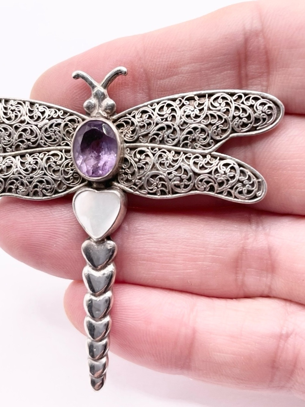 Sterling Silver Dragonfly Brooch with Purple Amethyst Accent - Picture 4 of 9